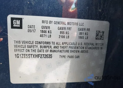 2017 Chevrolet Malibu 1Lt из США, поврежденный, VIN 1G1ZE5STXHF272635